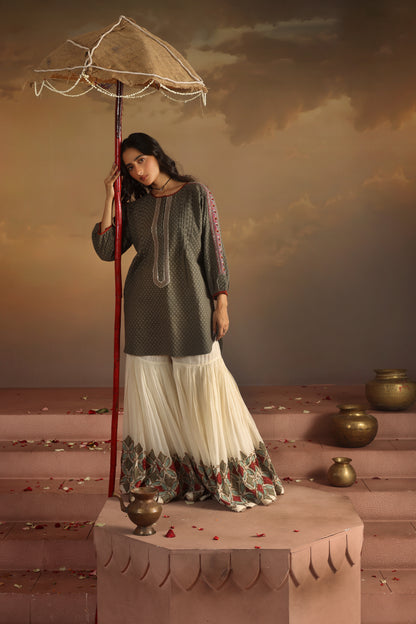 Kripa Grey Grey Kurta with Applique Gharara Set