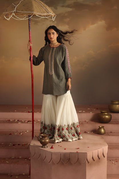 Kripa Grey Grey Kurta with Applique Gharara Set