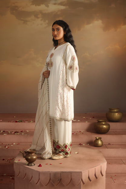 Kripa Ivory A-Line Kurta Applique Farshi Salwar Set