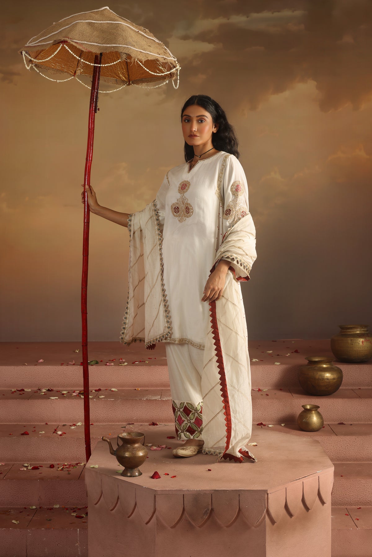 Kripa Ivory A-Line Kurta Applique Farshi Salwar Set