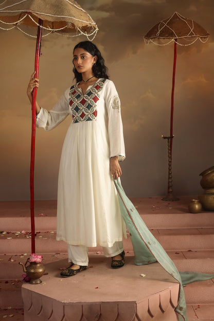 Kripa Ivory Applique Yoke Kurta Set