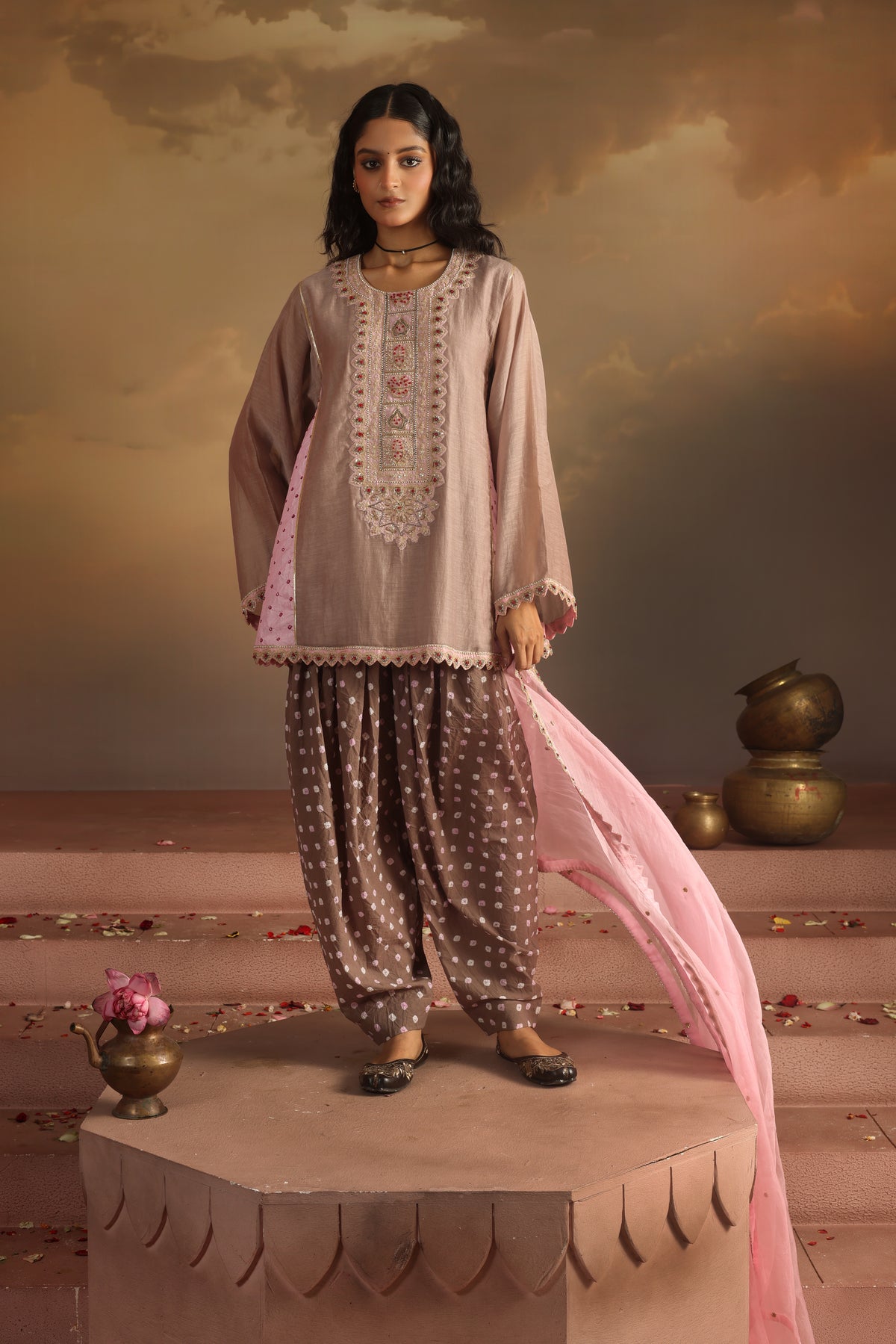 Kripa Pink Purpoise Bandhej Dhoti Kurta Set