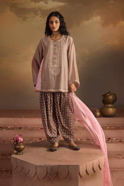 Kripa Pink Purpoise Bandhej Dhoti Kurta Set