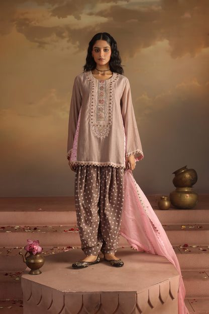 Kripa Pink Purpoise Bandhej Dhoti Kurta Set