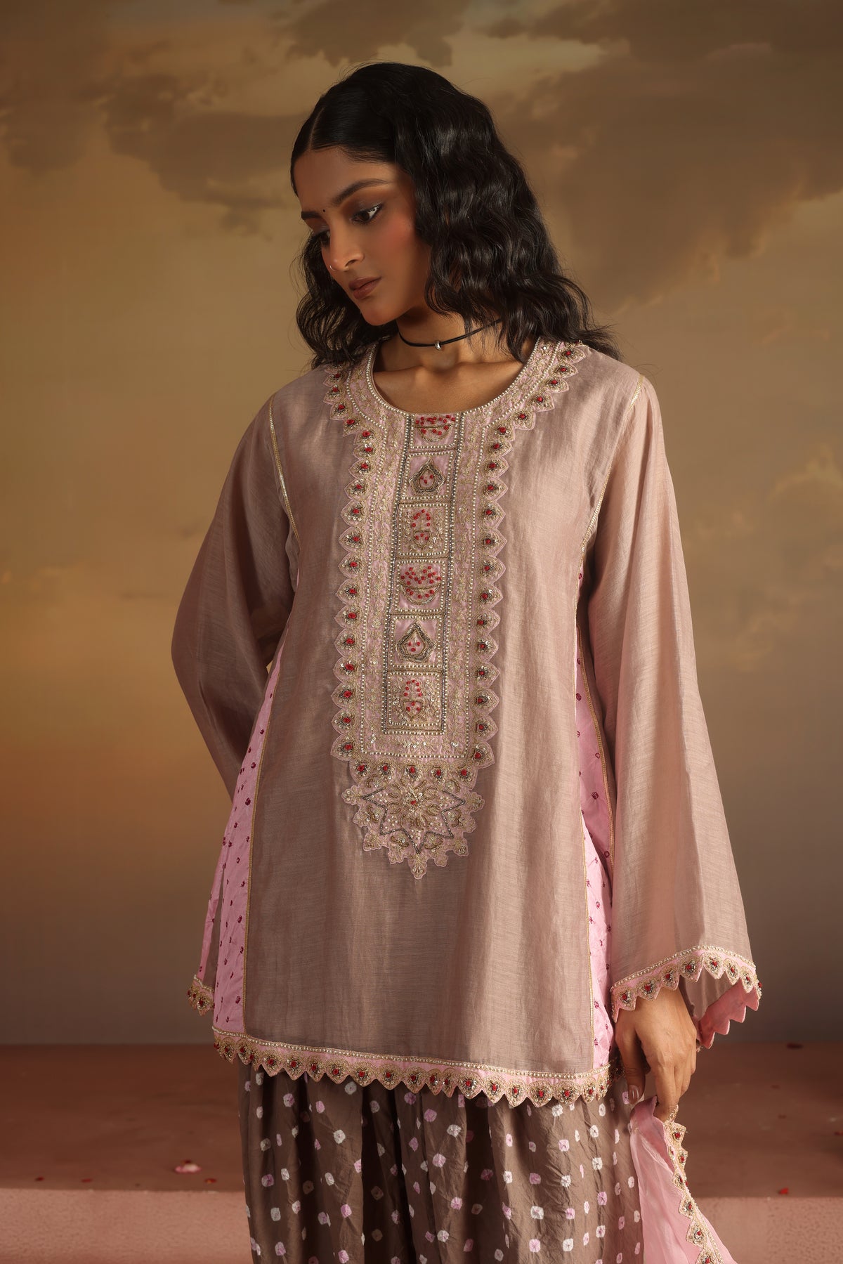 Kripa Pink Purpoise Bandhej Dhoti Kurta Set