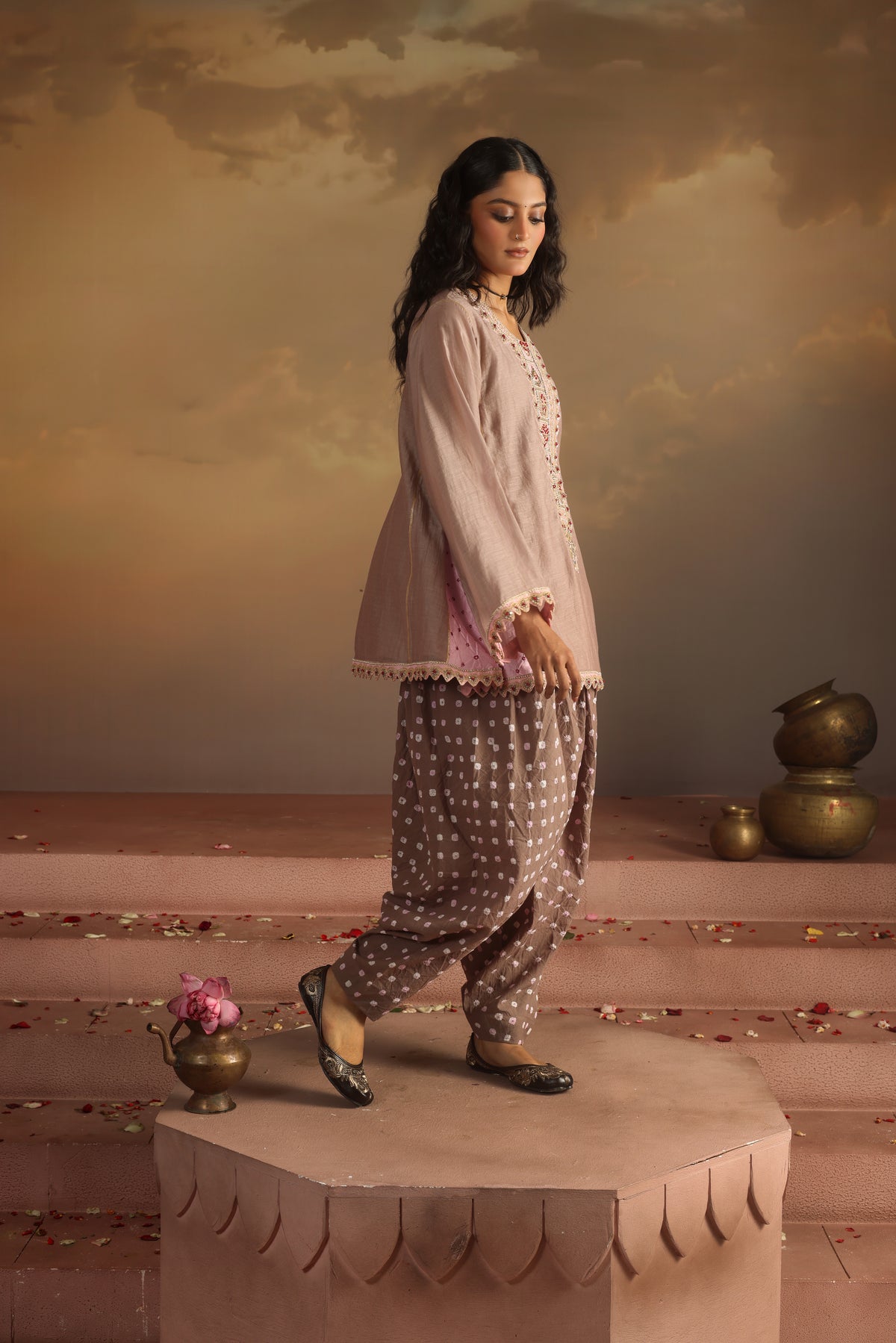 Kripa Pink Purpoise Bandhej Dhoti Kurta Set