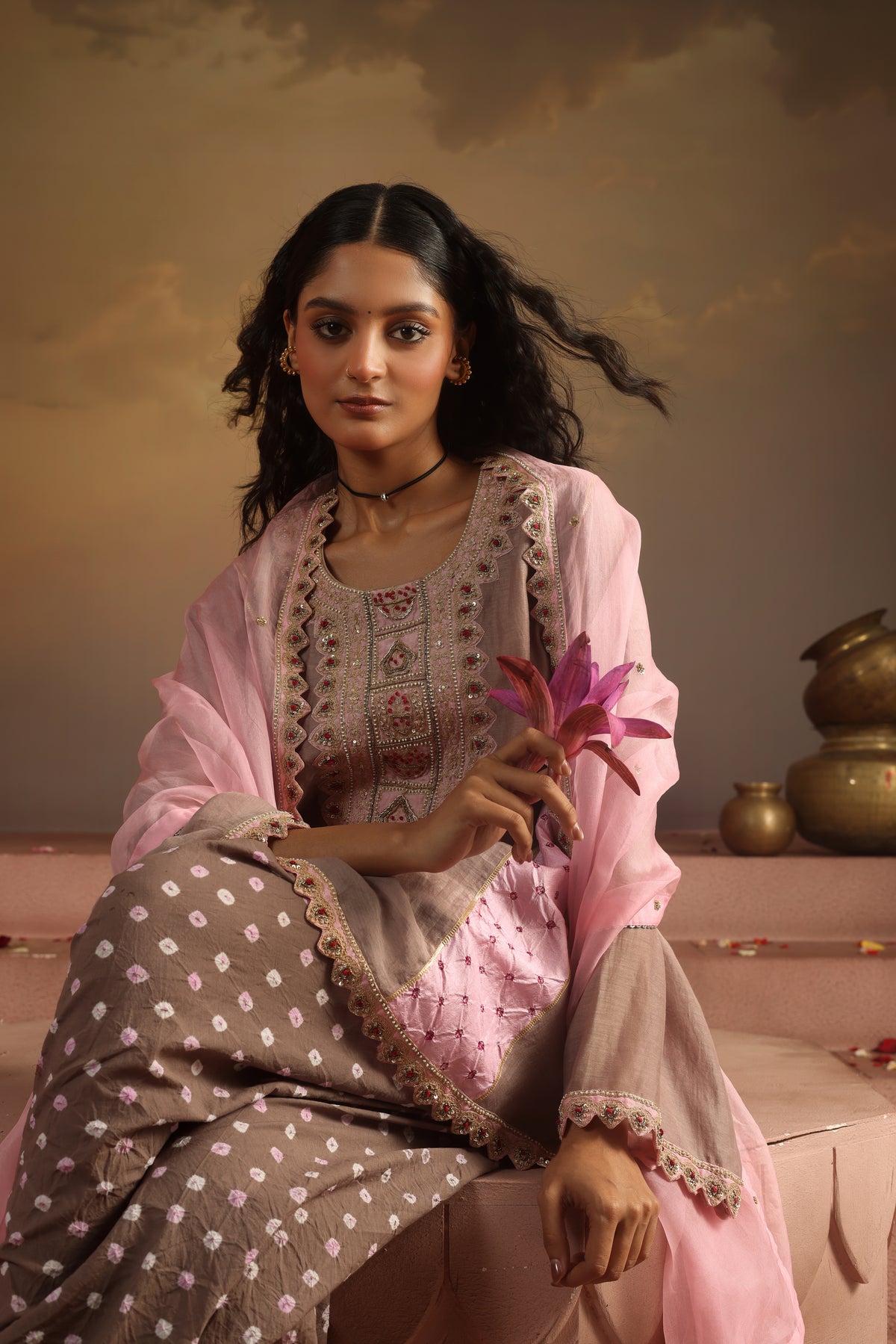 Kripa Pink Purpoise Bandhej Dhoti Kurta Set