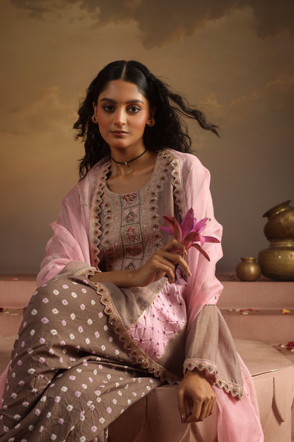 Kripa Pink Purpoise Bandhej Dhoti Kurta Set