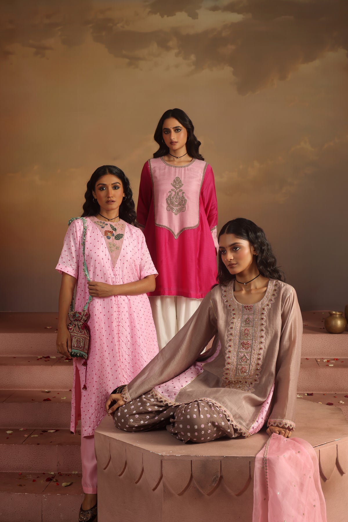 Kripa Powder Pink Bandhej Straight Kurta Set