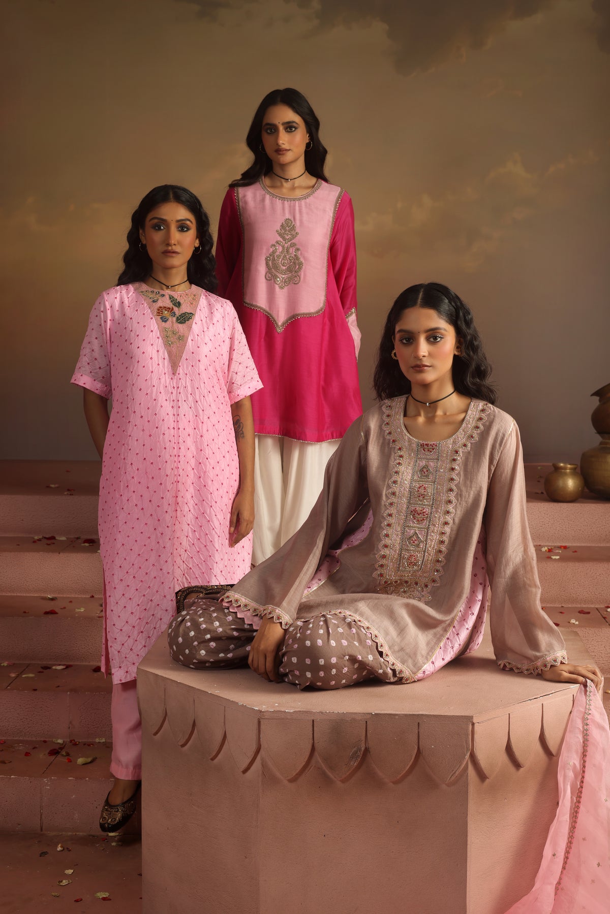 Kripa Pink Purpoise Bandhej Dhoti Kurta Set