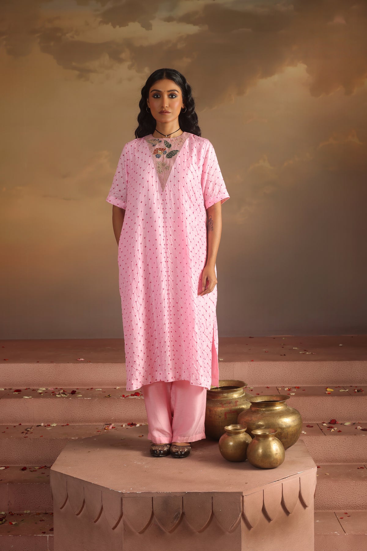 Kripa Powder Pink Bandhej Straight Kurta Set
