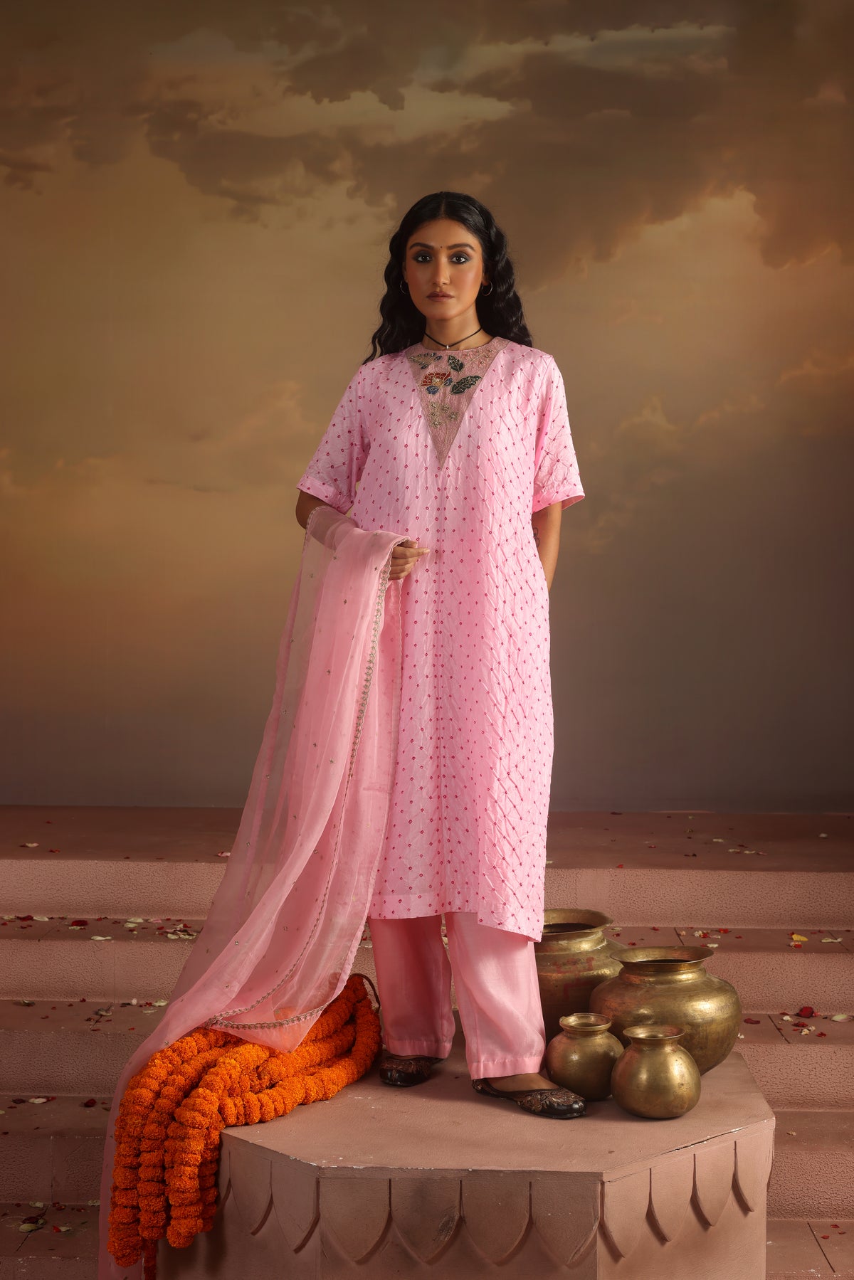 Kripa Powder Pink Bandhej Straight Kurta Set