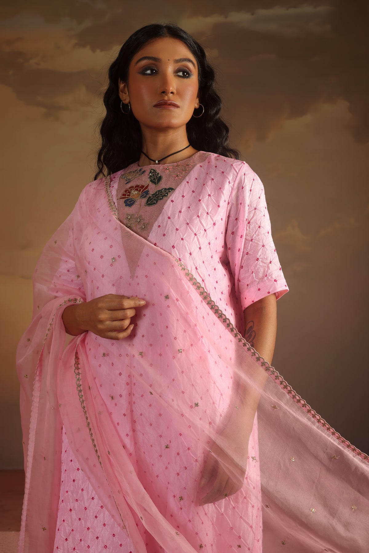 Kripa Powder Pink Bandhej Straight Kurta Set