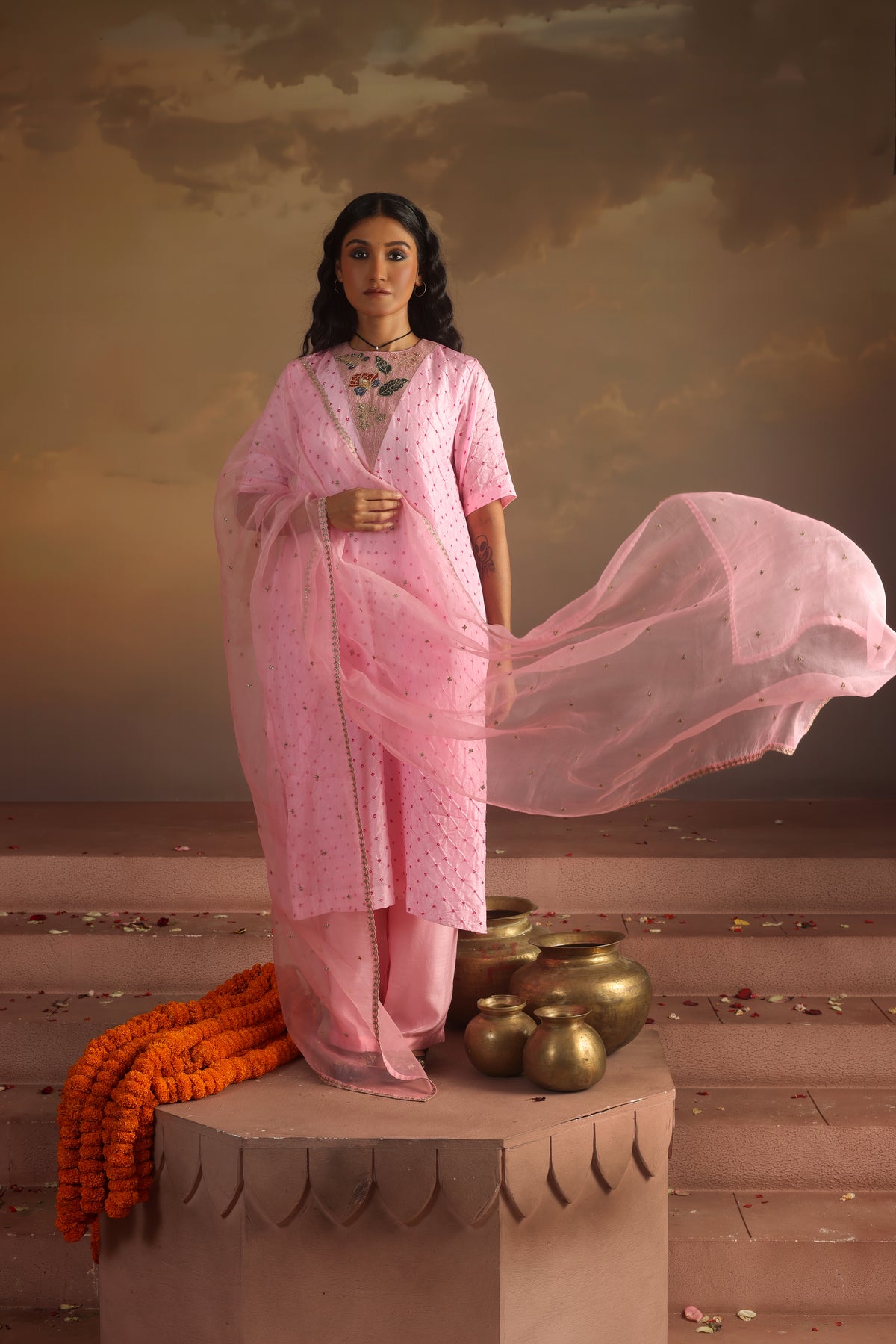 Kripa Powder Pink Bandhej Straight Kurta Set