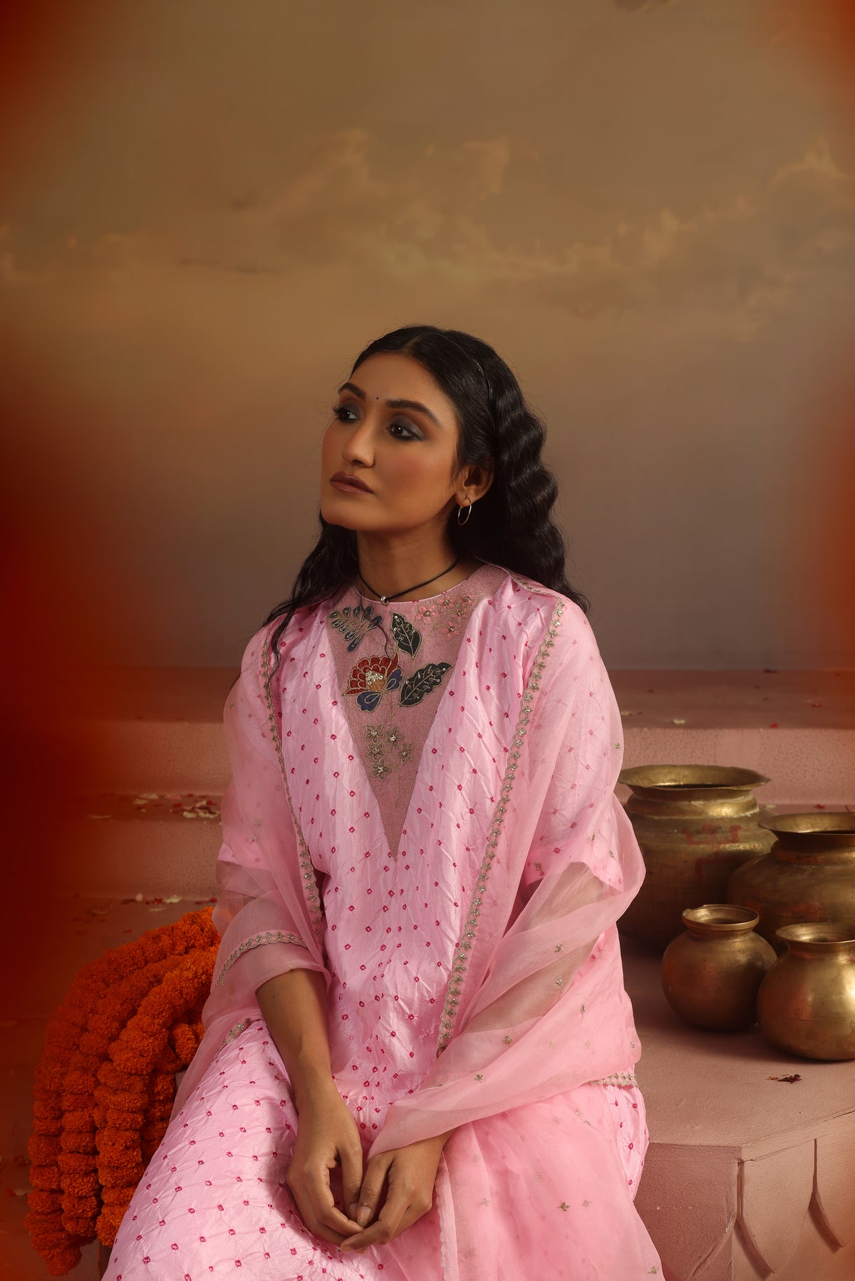 Kripa Powder Pink Bandhej Straight Kurta Set