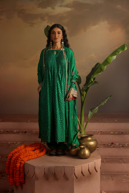 Kripa Emerald Green Bandhej Pintuck Kurta Set