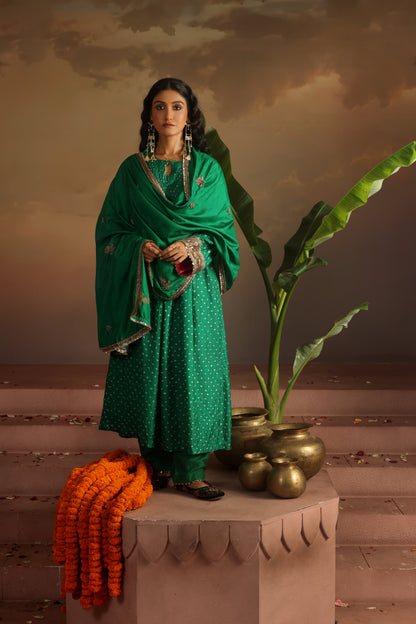 Kripa Emerald Green Bandhej Pintuck Kurta Set