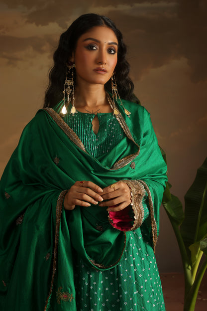 Kripa Emerald Green Bandhej Pintuck Kurta Set
