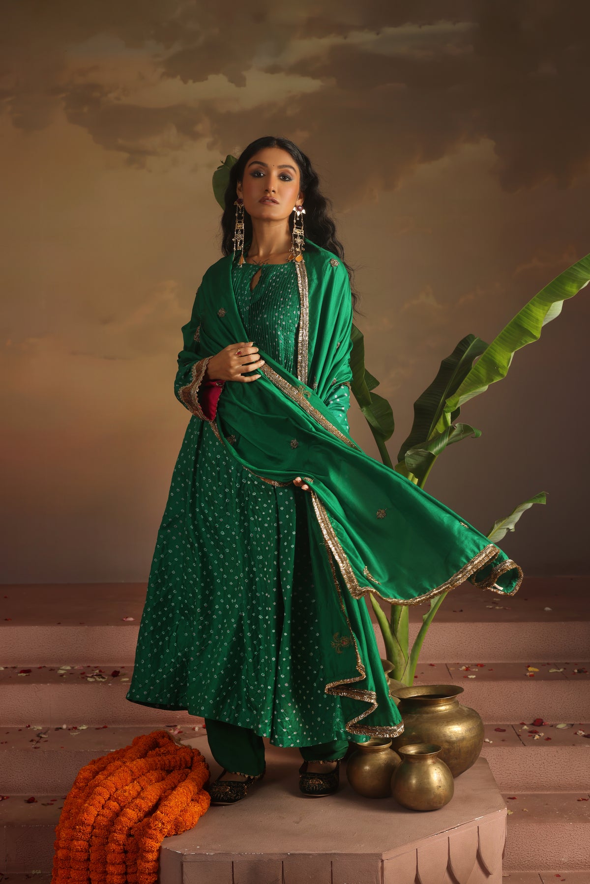 Kripa Emerald Green Bandhej Pintuck Kurta Set