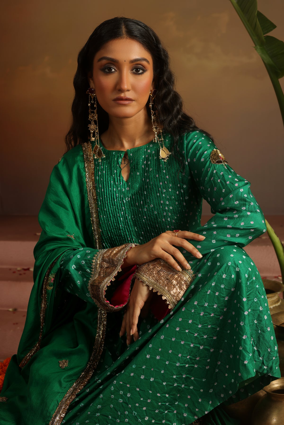 Kripa Emerald Green Bandhej Pintuck Kurta Set