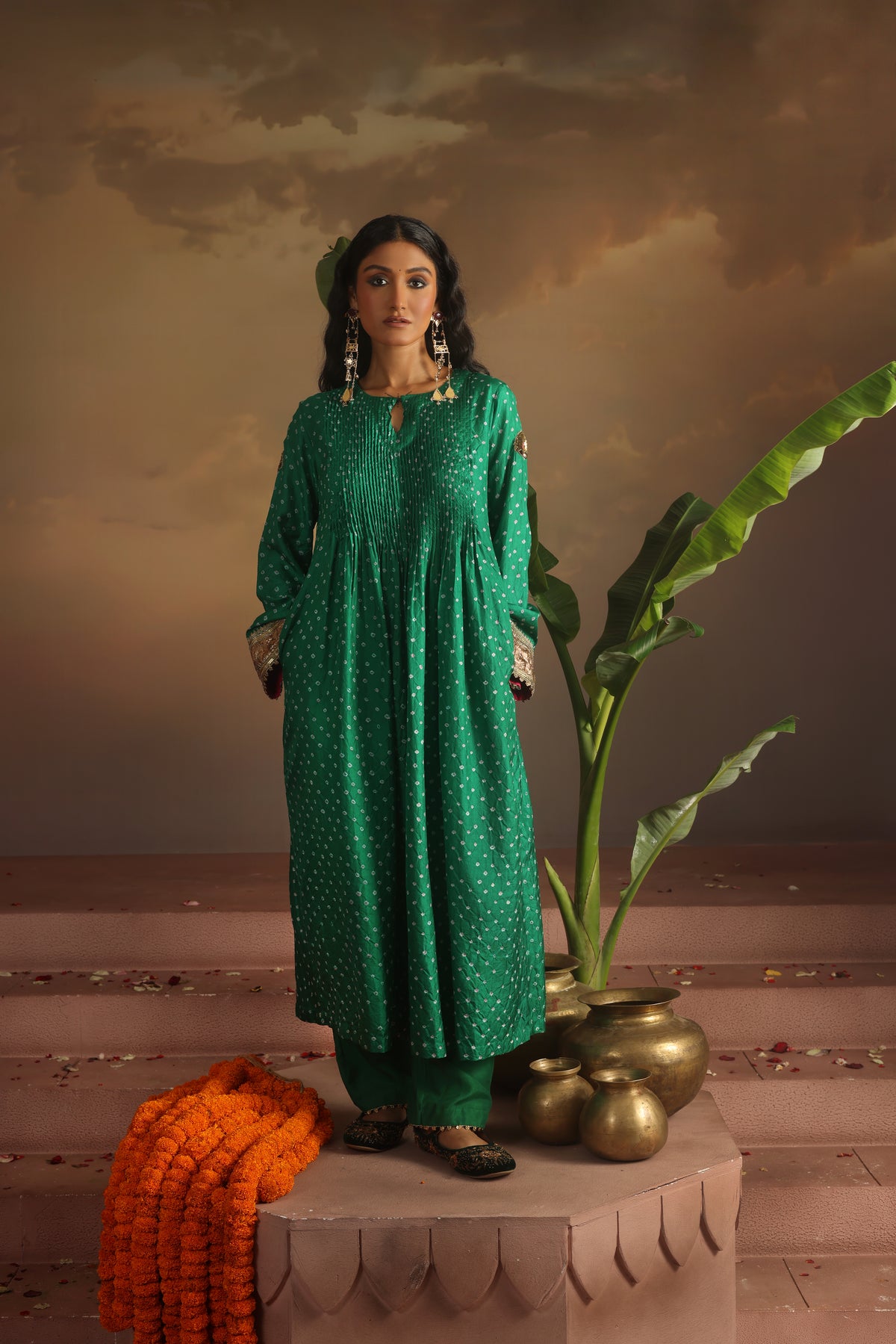 Kripa Emerald Green Bandhej Pintuck Kurta Set