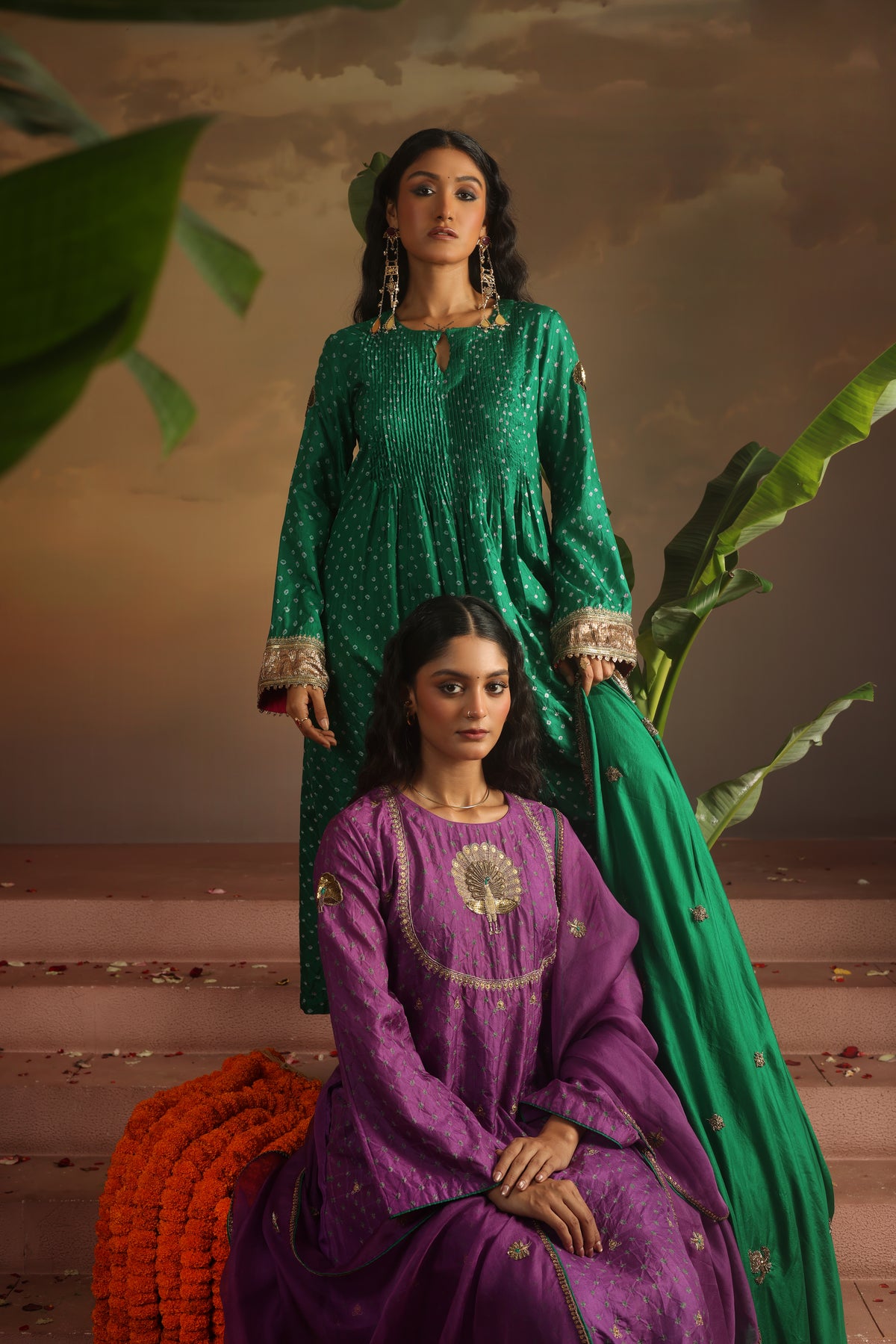 Kripa Purple Bandhej Peacock Yoke Kurta Set