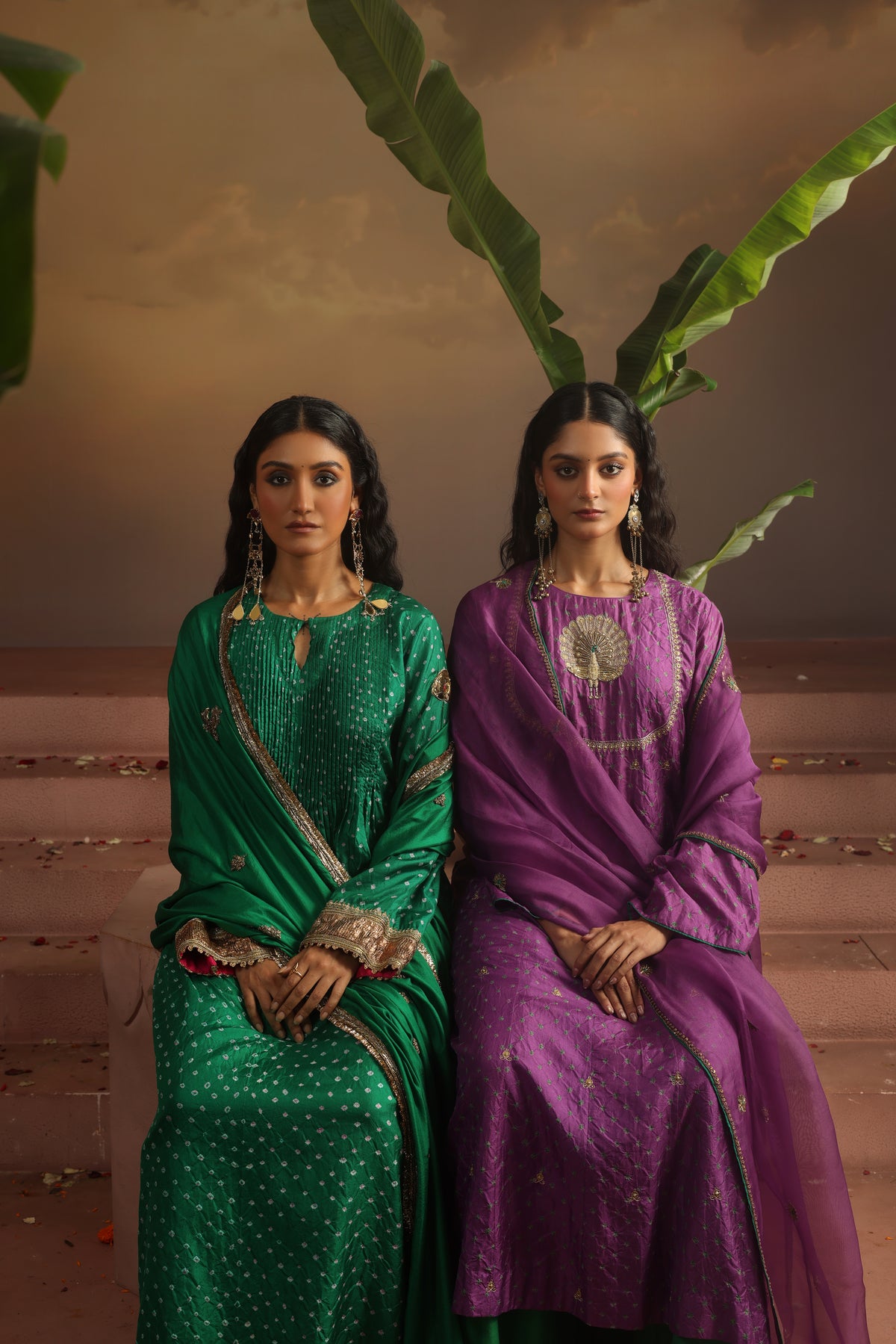 Kripa Purple Bandhej Peacock Yoke Kurta Set