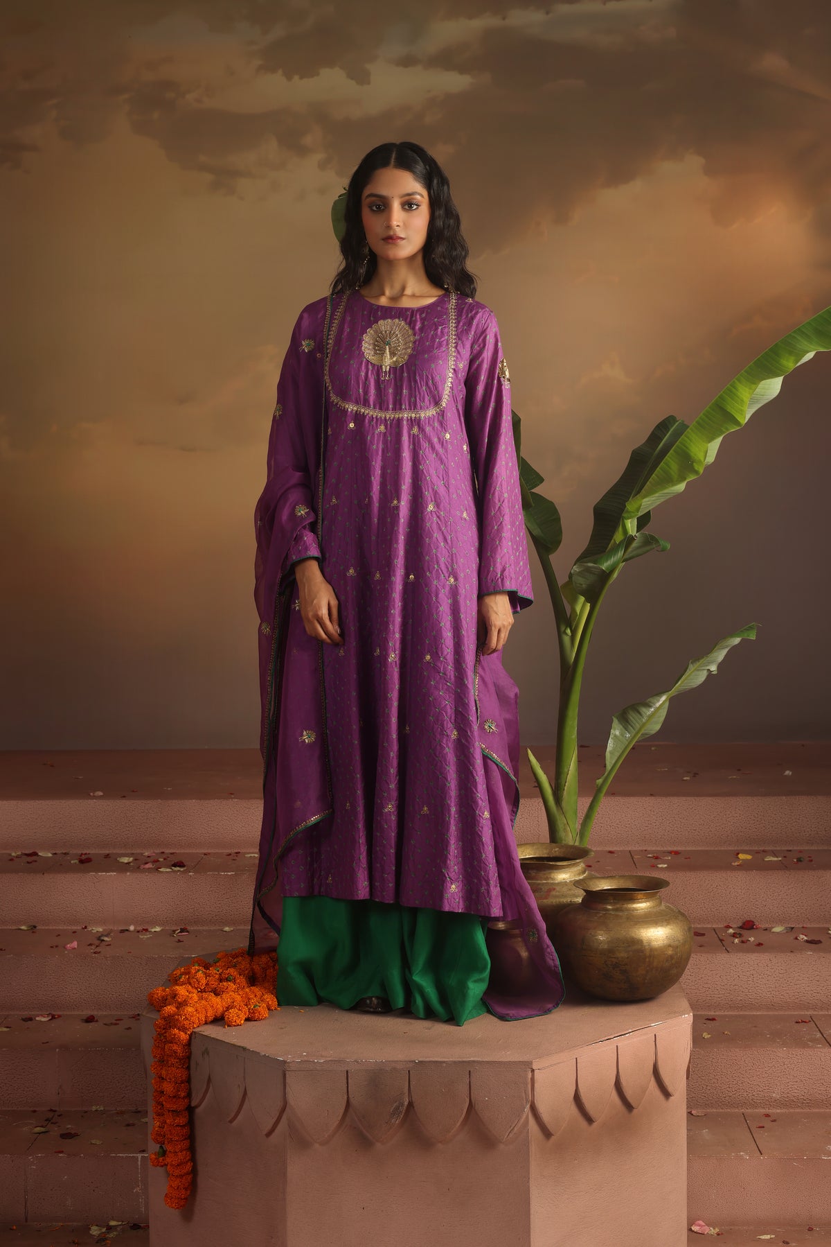 Kripa Purple Bandhej Peacock Yoke Kurta Set