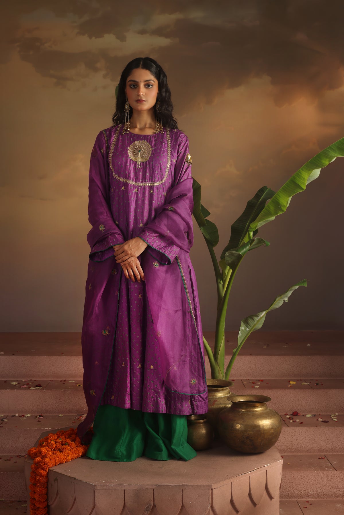 Kripa Purple Bandhej Peacock Yoke Kurta Set