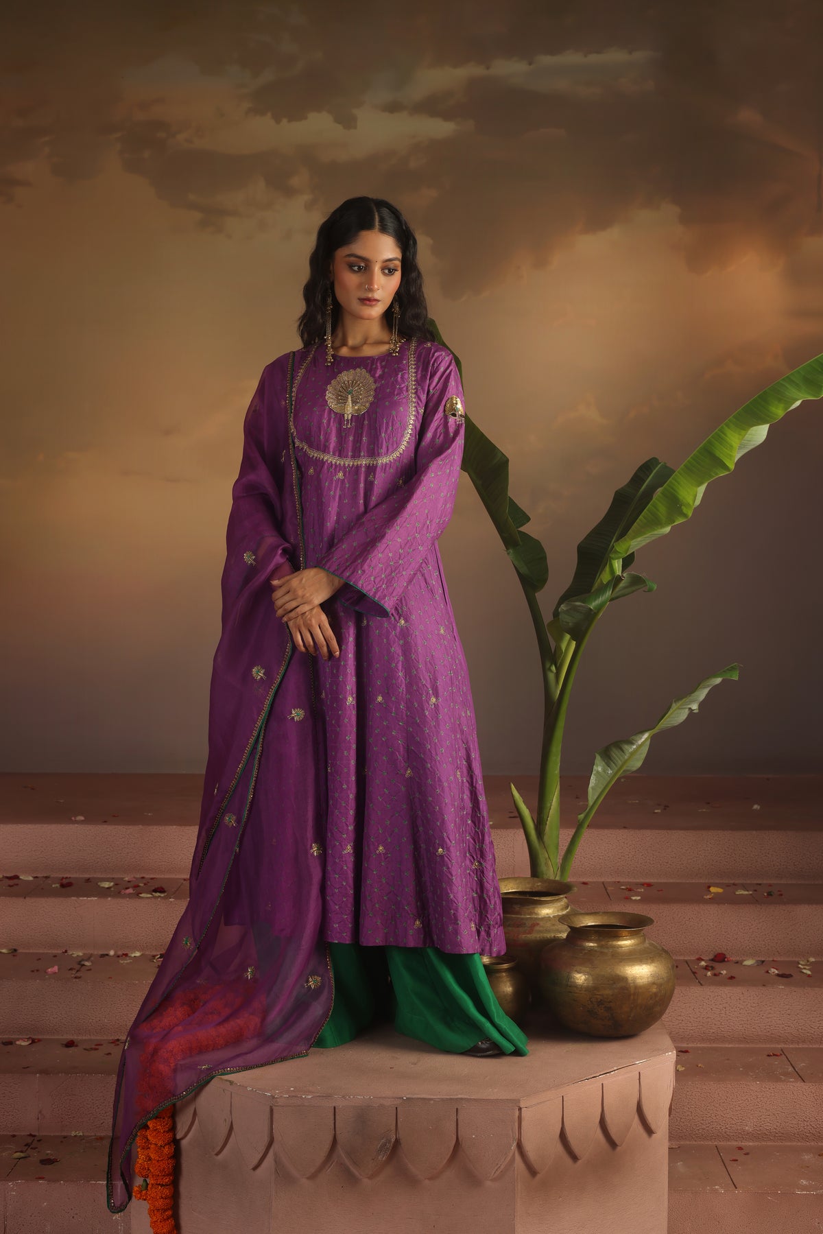 Kripa Purple Bandhej Peacock Yoke Kurta Set