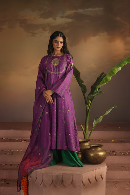 Kripa Purple Bandhej Peacock Yoke Kurta Set