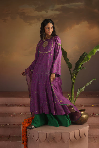 Kripa Purple Bandhej Peacock Yoke Kurta Set