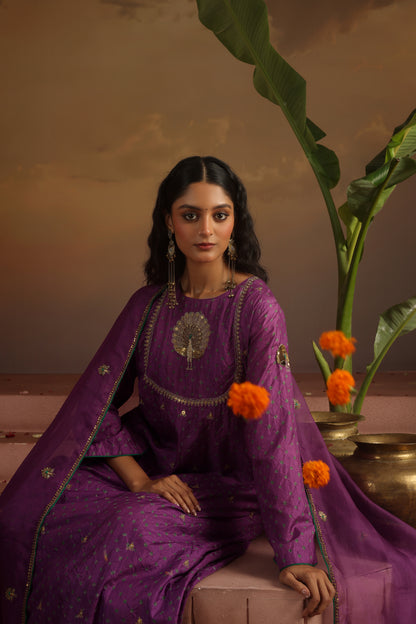 Kripa Purple Bandhej Peacock Yoke Kurta Set