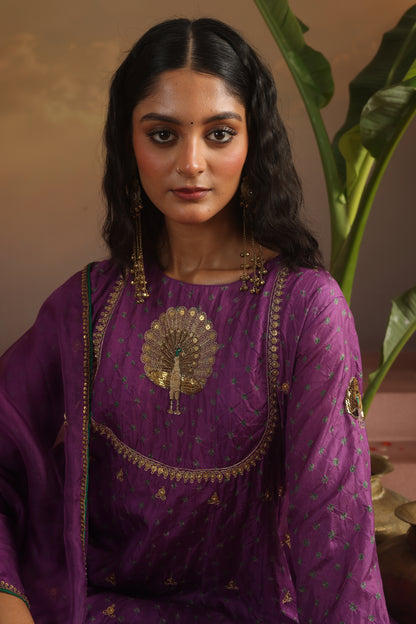 Kripa Purple Bandhej Peacock Yoke Kurta Set