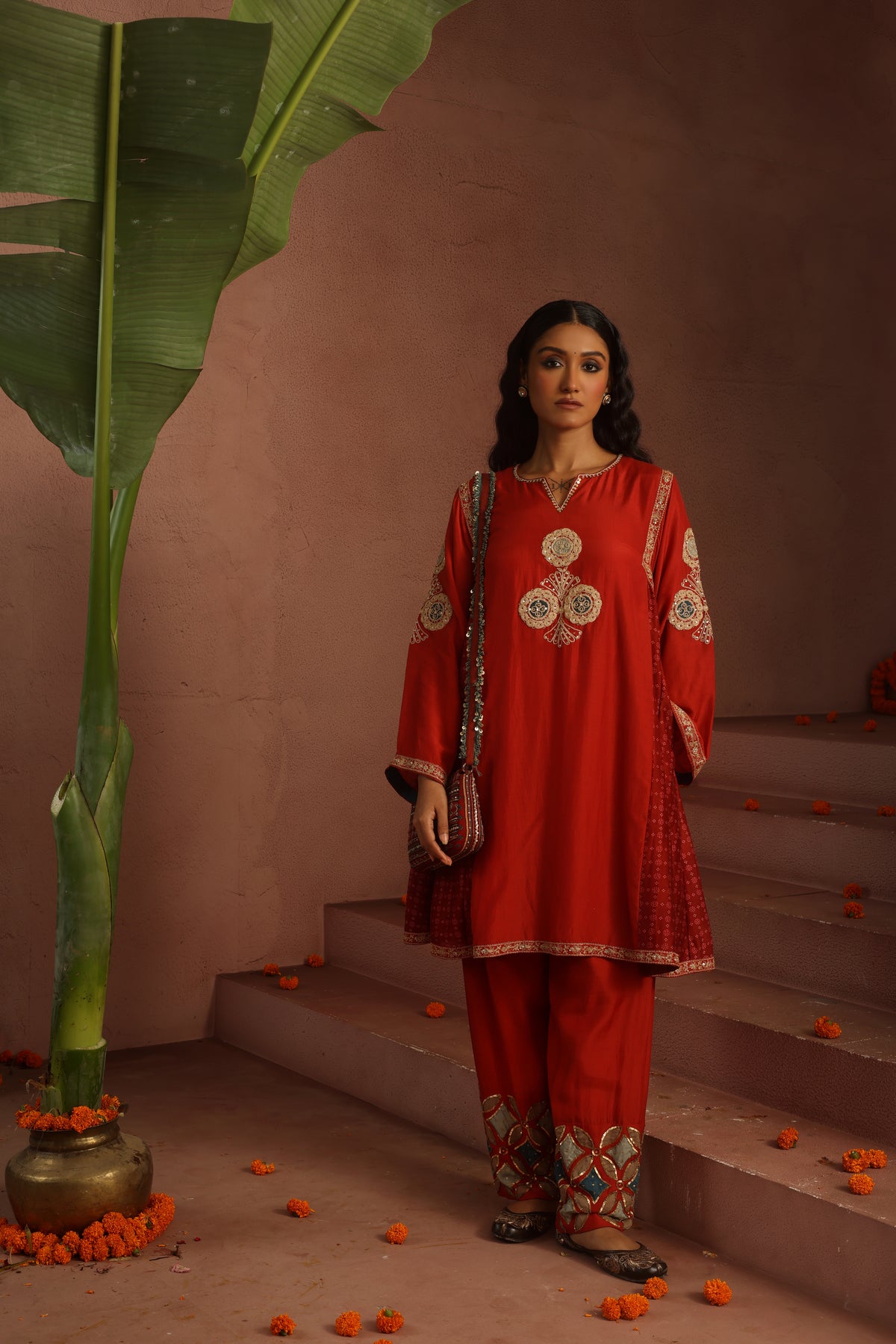 Kripa Red A-Line Kurta Applique Farshi Salwar Set