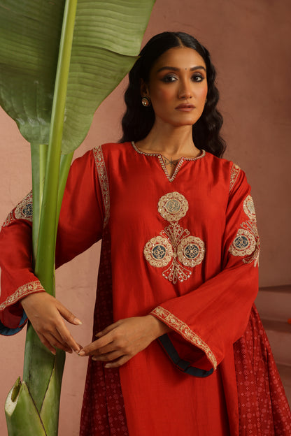 Kripa Red A-Line Kurta Applique Farshi Salwar Set