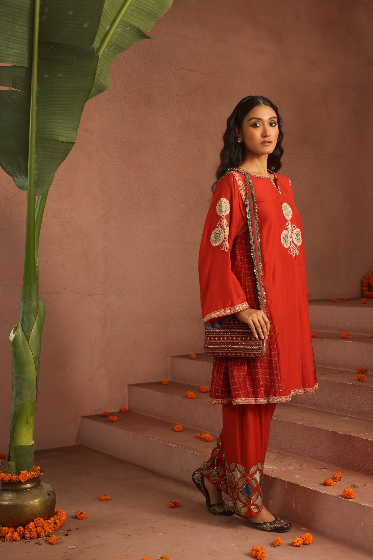 Kripa Red A-Line Kurta Applique Farshi Salwar Set