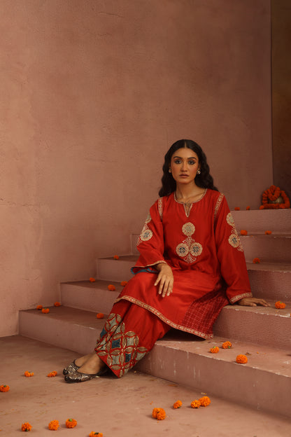 Kripa Red A-Line Kurta Applique Farshi Salwar Set