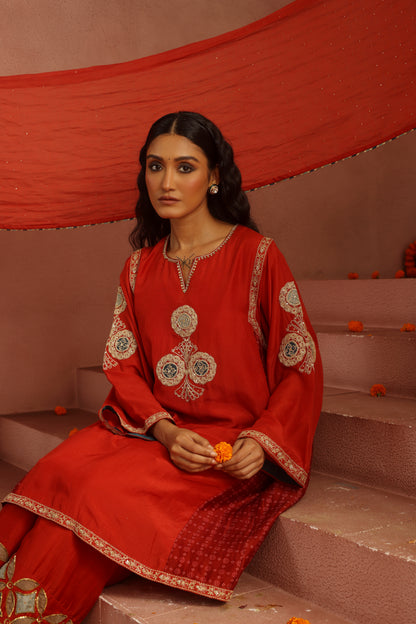Kripa Red A-Line Kurta Applique Farshi Salwar Set