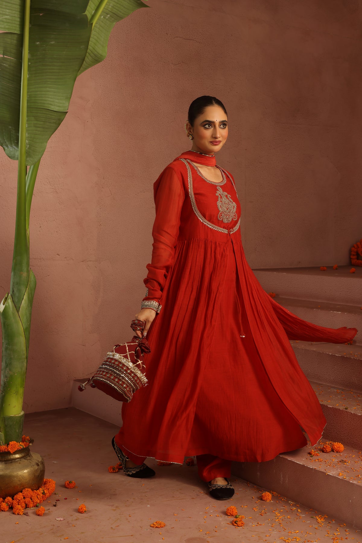 Kripa Red Dori Yoke Jacket Set