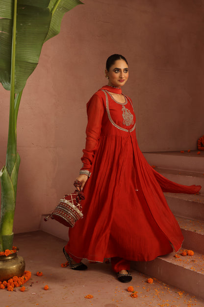 Kripa Red Dori Yoke Jacket Set