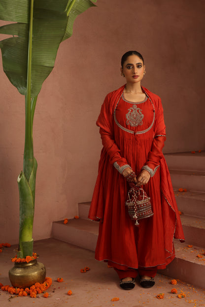 Kripa Red Dori Yoke Jacket Set