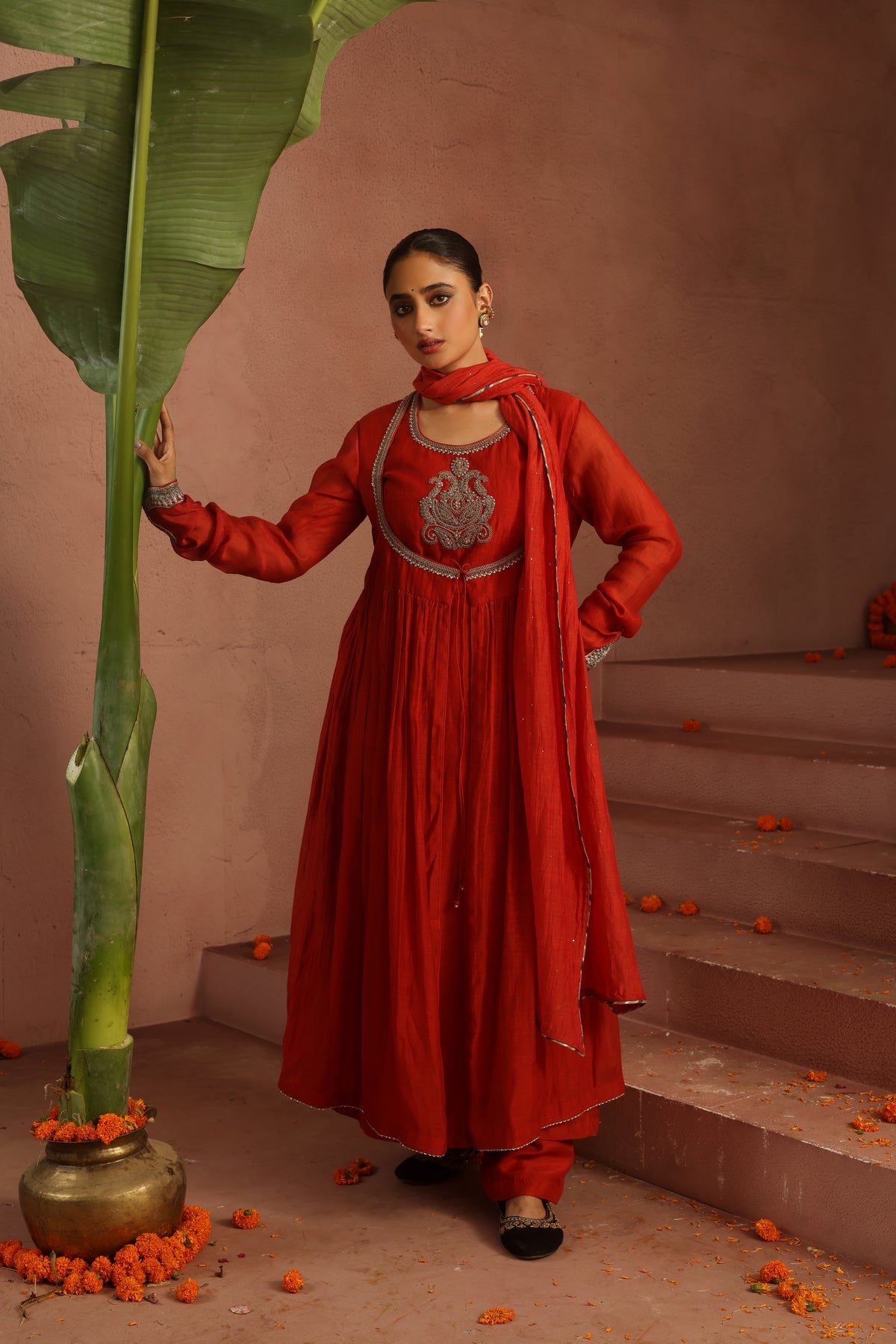 Kripa Red Dori Yoke Jacket Set