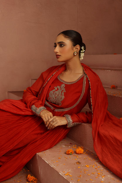 Kripa Red Dori Yoke Jacket Set