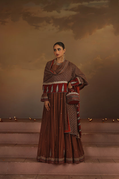 Kripa Taupe Ajrakh Red Koti Anarkali Set