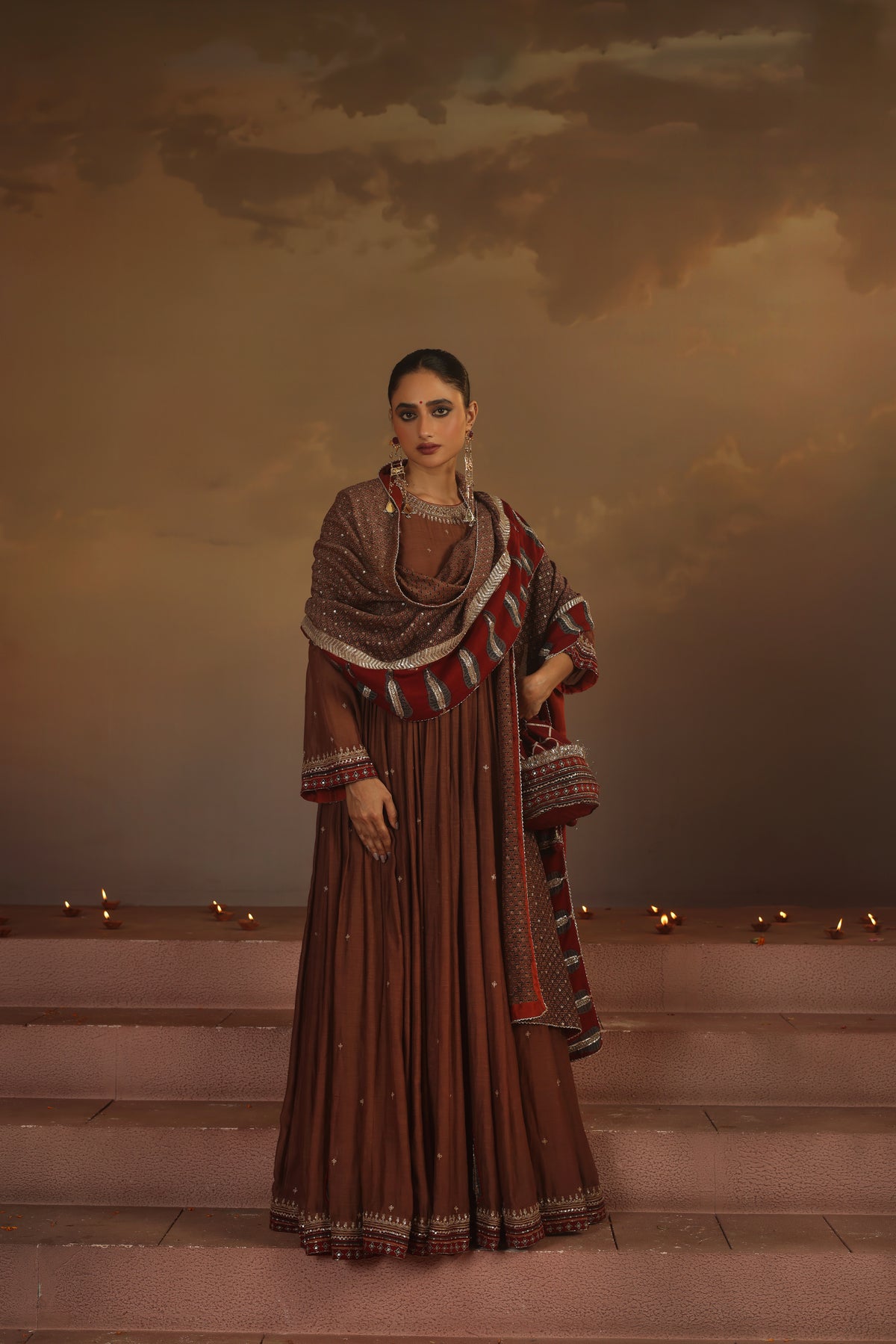 Kripa Taupe Ajrakh Red Koti Anarkali Set