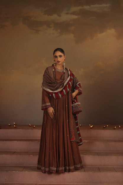Kripa Taupe Ajrakh Red Koti Anarkali Set