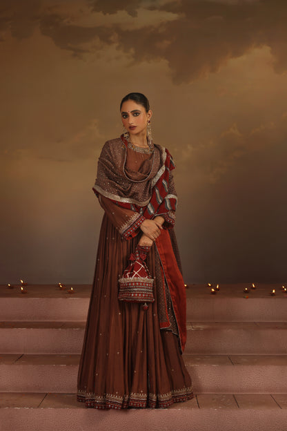 Kripa Taupe Ajrakh Red Koti Anarkali Set