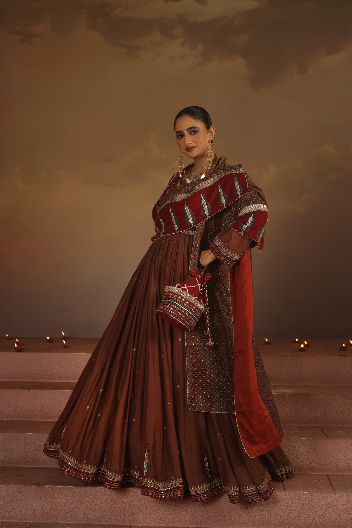 Kripa Taupe Ajrakh Red Koti Anarkali Set