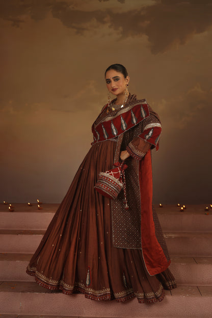 Kripa Taupe Ajrakh Red Koti Anarkali Set